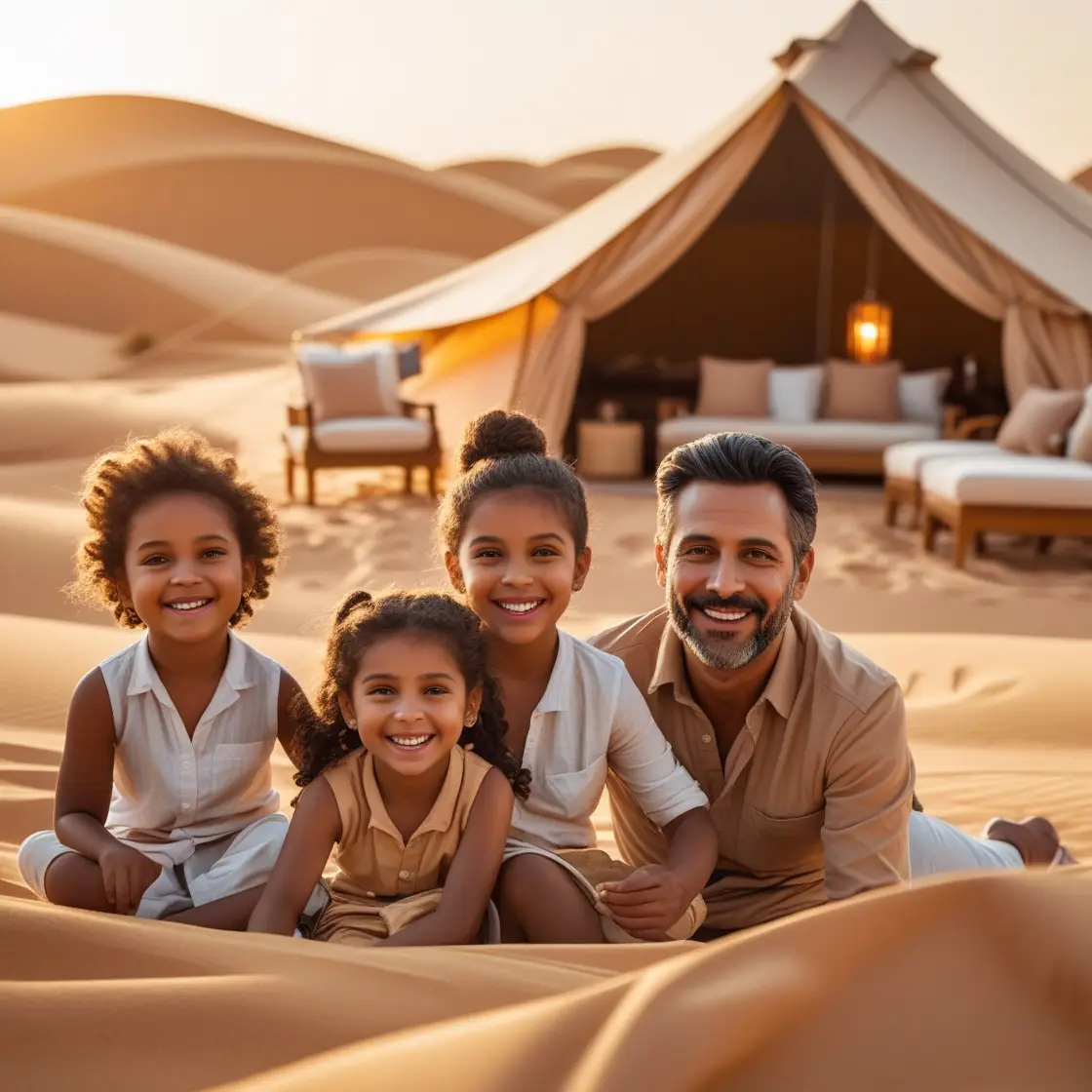 of a luxurious yet inviting desert sunset scene, featuring a spacious, cream-colored luxury tent with elegant drapery,