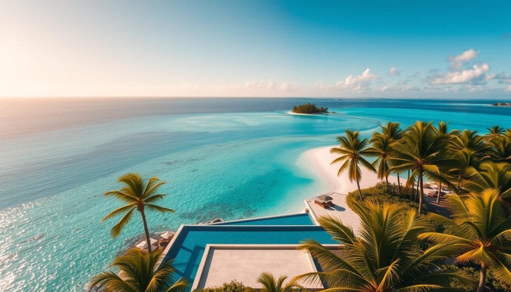 A breathtaking aerial view of a pristine, private island oasis in crystal clear turquoise waters, surrounded by lush, verdant palm trees gently swaying in the warm, tropical breeze. In the foreground, a luxurious villa with a sleek, contemporary design, its infinity pool reflecting the vibrant hues of the sky. Beyond, a secluded white sand beach beckons, while in the distance, neighboring islands dot the horizon, each a unique and exclusive retreat. The scene is bathed in warm, golden sunlight, creating a sense of tranquility and indulgence that epitomizes the ultimate in high-end island living. A breathtaking aerial view of a pristine, private island oasis in crystal clear turquoise waters, surrounded by lush, verdant palm trees gently swaying in the warm, tropical breeze. In the foreground, a luxurious villa with a sleek, contemporary design, its infinity pool reflecting the vibrant hues of the sky. Beyond, a secluded white sand beach beckons, while in the distance, neighboring islands dot the horizon, each a unique and exclusive retreat. The scene is bathed in warm, golden sunlight, creating a sense of tranquility and indulgence that epitomizes the ultimate in high-end island living.