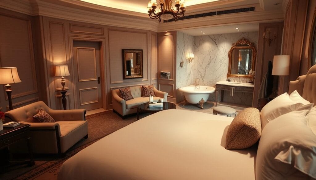 A grand, opulent hotel suite preparation, bathed in warm, soft lighting. The foreground showcases a plush, king-size bed adorned with crisp, white linens and an array of artfully arranged accent pillows. In the middle ground, a luxurious sitting area with a deep, tufted sofa and a polished, wooden coffee table. The background reveals a marble-tiled bathroom with a clawfoot tub, gleaming fixtures, and an abundance of fresh towels and high-end toiletries. The overall atmosphere exudes an air of refined elegance and meticulous attention to detail, as if awaiting the arrival of the world's most discerning guests. A grand, opulent hotel suite preparation, bathed in warm, soft lighting. The foreground showcases a plush, king-size bed adorned with crisp, white linens and an array of artfully arranged accent pillows. In the middle ground, a luxurious sitting area with a deep, tufted sofa and a polished, wooden coffee table. The background reveals a marble-tiled bathroom with a clawfoot tub, gleaming fixtures, and an abundance of fresh towels and high-end toiletries. The overall atmosphere exudes an air of refined elegance and meticulous attention to detail, as if awaiting the arrival of the world's most discerning guests.