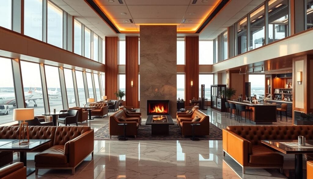 A luxurious airport lounge with a warm, inviting ambiance. Soft lighting filters through large windows, offering a panoramic view of the bustling airfield. The interior is adorned with plush leather seating, polished marble floors, and intricate wood accents that convey a sense of refined elegance. A central fireplace crackles, casting a cozy glow across the space. Well-stocked bars and gourmet dining options cater to the discerning tastes of first-class travelers. Discreet concierge service attends to every need, ensuring a seamless and indulgent experience. The atmosphere exudes a feeling of exclusivity and unparalleled sophistication, befitting the true value of first-class air travel. A luxurious airport lounge with a warm, inviting ambiance. Soft lighting filters through large windows, offering a panoramic view of the bustling airfield. The interior is adorned with plush leather seating, polished marble floors, and intricate wood accents that convey a sense of refined elegance. A central fireplace crackles, casting a cozy glow across the space. Well-stocked bars and gourmet dining options cater to the discerning tastes of first-class travelers. Discreet concierge service attends to every need, ensuring a seamless and indulgent experience. The atmosphere exudes a feeling of exclusivity and unparalleled sophistication, befitting the true value of first-class air travel.