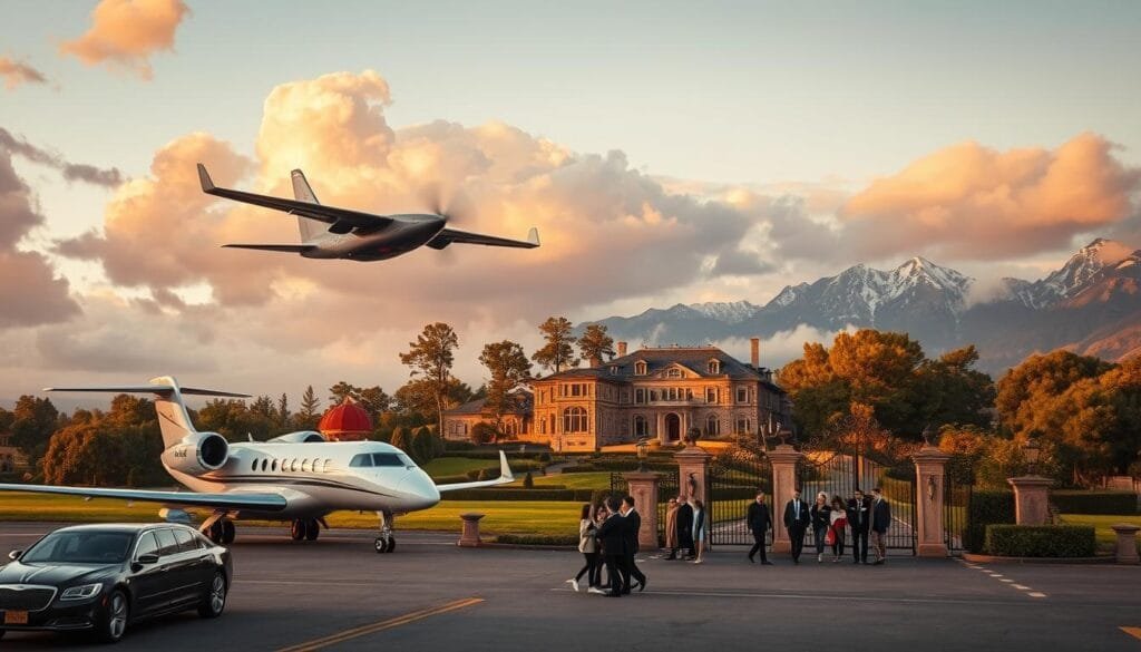 A luxurious private jet glides through the clouds, its sleek silhouette reflecting the golden sunset. In the foreground, a group of well-heeled travelers disembarks onto a tarmac, greeted by a fleet of chauffeured limousines. The middle ground reveals a grand, historic estate nestled amid lush, manicured gardens. Guests are ushered through ornate gates, eager to experience the exclusive, bespoke hospitality within. The background depicts a scenic vista of rugged, snow-capped mountains, hinting at the adventurous explorations to come. The mood is one of refined opulence, where every detail has been meticulously curated to offer the ultimate in luxury and privacy. A luxurious private jet glides through the clouds, its sleek silhouette reflecting the golden sunset. In the foreground, a group of well-heeled travelers disembarks onto a tarmac, greeted by a fleet of chauffeured limousines. The middle ground reveals a grand, historic estate nestled amid lush, manicured gardens. Guests are ushered through ornate gates, eager to experience the exclusive, bespoke hospitality within. The background depicts a scenic vista of rugged, snow-capped mountains, hinting at the adventurous explorations to come. The mood is one of refined opulence, where every detail has been meticulously curated to offer the ultimate in luxury and privacy.