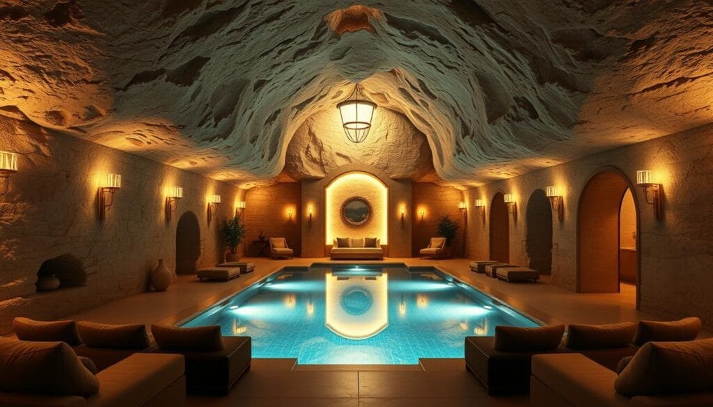 A luxurious underground sanctuary, carved into the earth with meticulous precision. Elegant interiors bathed in warm, ambient lighting, casting a cozy glow upon the natural stone walls. In the center, a serene pool of crystal-clear water reflects the high-vaulted ceilings, adorned with intricate architectural details. Plush furnishings and lavish amenities create an atmosphere of refined opulence, a hidden oasis far from the bustling world above. Smooth, clean lines and a harmonious blend of modern and organic elements evoke a sense of timeless, subterranean luxury. A luxurious underground sanctuary, carved into the earth with meticulous precision. Elegant interiors bathed in warm, ambient lighting, casting a cozy glow upon the natural stone walls. In the center, a serene pool of crystal-clear water reflects the high-vaulted ceilings, adorned with intricate architectural details. Plush furnishings and lavish amenities create an atmosphere of refined opulence, a hidden oasis far from the bustling world above. Smooth, clean lines and a harmonious blend of modern and organic elements evoke a sense of timeless, subterranean luxury.