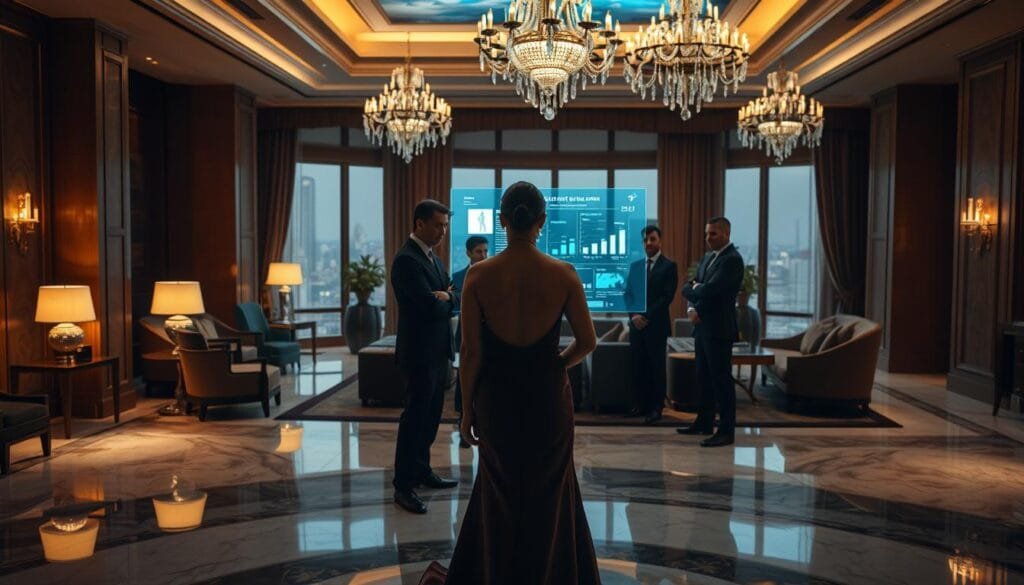 A luxury hotel lobby, dimly lit with warm, soft lighting casting shadows across the polished marble floors. In the center, a group of well-dressed hotel staff gather around a holographic display, meticulously analyzing customer data and behavior patterns. The foreground features a glamorously attired hotel guest, their face obscured, standing before the staff, who intently study their every move and mannerism. The background showcases the opulent hotel surroundings - plush velvet furnishings, crystal chandeliers, and floor-to-ceiling windows overlooking a picturesque cityscape. The mood is one of subtle, calculated observation, where every detail of the guest's experience is carefully monitored and tailored to their preferences. A luxury hotel lobby, dimly lit with warm, soft lighting casting shadows across the polished marble floors. In the center, a group of well-dressed hotel staff gather around a holographic display, meticulously analyzing customer data and behavior patterns. The foreground features a glamorously attired hotel guest, their face obscured, standing before the staff, who intently study their every move and mannerism. The background showcases the opulent hotel surroundings - plush velvet furnishings, crystal chandeliers, and floor-to-ceiling windows overlooking a picturesque cityscape. The mood is one of subtle, calculated observation, where every detail of the guest's experience is carefully monitored and tailored to their preferences.