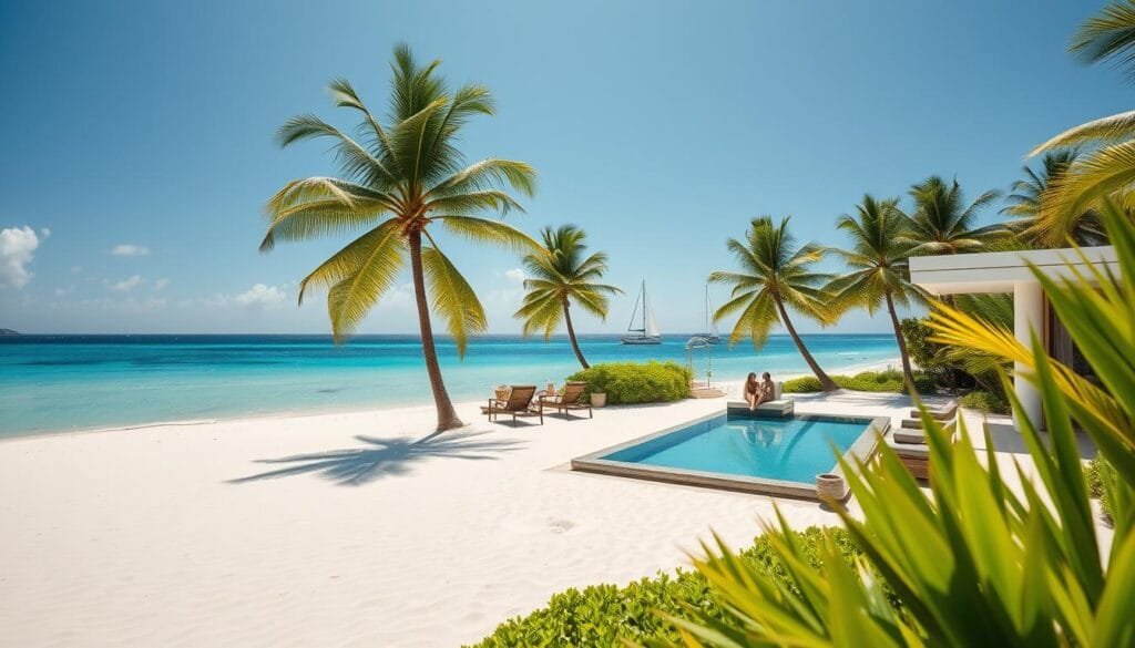 A pristine tropical beach with fine white sand and lush palm trees swaying in the gentle breeze. In the foreground, a modern, eco-friendly luxury villa with sleek, sustainable architecture blends seamlessly with the natural landscape. A small infinity pool reflects the clear blue sky. In the middle ground, a couple relaxes on plush outdoor furniture, sipping on refreshing beverages, immersed in the tranquil, low-carbon ambiance. The background features a crystal-clear azure ocean horizon, with a few sailing boats in the distance, hinting at sustainable nautical adventures. The scene is bathed in warm, golden natural light, creating a serene, luxurious atmosphere that effortlessly balances comfort and environmental consciousness. A pristine tropical beach with fine white sand and lush palm trees swaying in the gentle breeze. In the foreground, a modern, eco-friendly luxury villa with sleek, sustainable architecture blends seamlessly with the natural landscape. A small infinity pool reflects the clear blue sky. In the middle ground, a couple relaxes on plush outdoor furniture, sipping on refreshing beverages, immersed in the tranquil, low-carbon ambiance. The background features a crystal-clear azure ocean horizon, with a few sailing boats in the distance, hinting at sustainable nautical adventures. The scene is bathed in warm, golden natural light, creating a serene, luxurious atmosphere that effortlessly balances comfort and environmental consciousness.