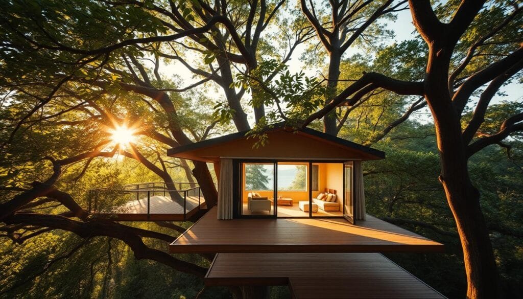 A secluded treetop sanctuary nestled in a lush, verdant canopy. Sunlight filters through the swaying branches, casting a warm, golden glow across the elegant, minimalist treehouse. Its sleek, modern design seamlessly blends with the natural surroundings, creating a serene, elevated retreat. Large windows offer panoramic views of the treetops, inviting guests to immerse themselves in the tranquil, forest-like atmosphere. A spacious deck extends outward, providing an intimate space to relax and unwind amidst the tranquil, whisper-quiet ambiance. Soft, natural textures and neutral tones cultivate a calming, luxurious ambience, while thoughtful amenities cater to the discerning traveler seeking a truly unique, secluded hideaway. A secluded treetop sanctuary nestled in a lush, verdant canopy. Sunlight filters through the swaying branches, casting a warm, golden glow across the elegant, minimalist treehouse. Its sleek, modern design seamlessly blends with the natural surroundings, creating a serene, elevated retreat. Large windows offer panoramic views of the treetops, inviting guests to immerse themselves in the tranquil, forest-like atmosphere. A spacious deck extends outward, providing an intimate space to relax and unwind amidst the tranquil, whisper-quiet ambiance. Soft, natural textures and neutral tones cultivate a calming, luxurious ambience, while thoughtful amenities cater to the discerning traveler seeking a truly unique, secluded hideaway.