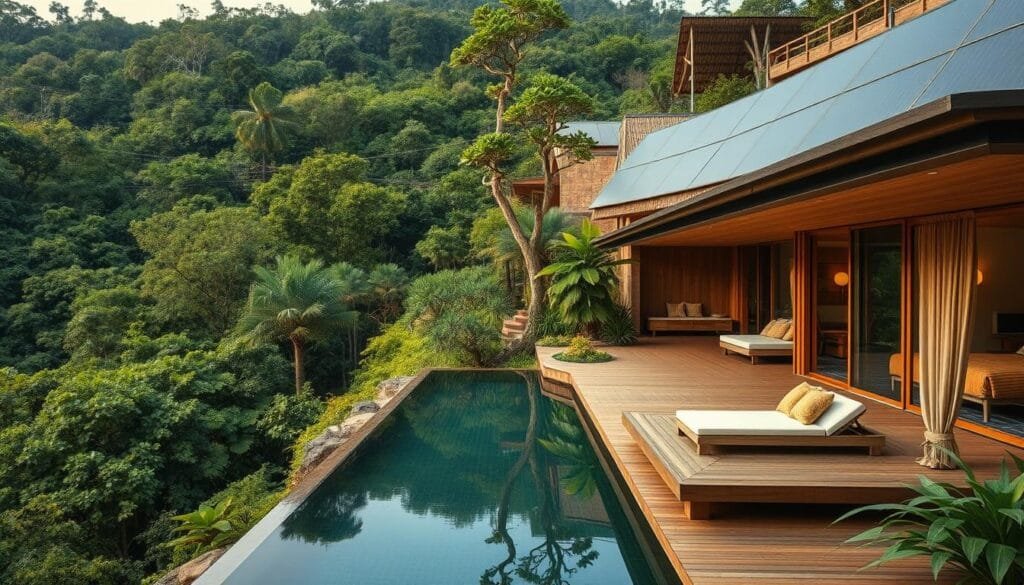 A serene, eco-chic resort nestled amidst lush, verdant foliage, with solar panels discreetly integrated into the architecture. The exterior features locally-sourced, sustainable materials like bamboo and stone, blending seamlessly with the natural landscape. Warm, earthy tones and large windows flood the interiors with natural light, complemented by plush organic linens and furnishings. A tranquil infinity pool reflects the surrounding treetops, while a network of hiking trails wind through the property, connecting guests with the pristine wilderness. Soft, diffused lighting highlights the property's commitment to energy efficiency, creating an atmosphere of contemporary luxury and environmental responsibility. A serene, eco-chic resort nestled amidst lush, verdant foliage, with solar panels discreetly integrated into the architecture. The exterior features locally-sourced, sustainable materials like bamboo and stone, blending seamlessly with the natural landscape. Warm, earthy tones and large windows flood the interiors with natural light, complemented by plush organic linens and furnishings. A tranquil infinity pool reflects the surrounding treetops, while a network of hiking trails wind through the property, connecting guests with the pristine wilderness. Soft, diffused lighting highlights the property's commitment to energy efficiency, creating an atmosphere of contemporary luxury and environmental responsibility.