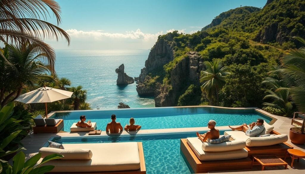 A serene, sun-dappled scene of a remote, off-the-beaten-path luxury resort nestled in a lush, verdant tropical landscape. The foreground features a tranquil infinity pool surrounded by plush, oversized daybeds and elegant, custom-crafted outdoor furniture. In the middle ground, a group of well-heeled, globally-connected travelers lounge and converse, their faces radiating a sense of rejuvenation and discovery. The background reveals a dramatic, rugged coastline punctuated by ancient rock formations and a shimmering azure ocean horizon. The lighting is soft and warm, creating an atmosphere of understated elegance and authentic connection with the natural world. A serene, sun-dappled scene of a remote, off-the-beaten-path luxury resort nestled in a lush, verdant tropical landscape. The foreground features a tranquil infinity pool surrounded by plush, oversized daybeds and elegant, custom-crafted outdoor furniture. In the middle ground, a group of well-heeled, globally-connected travelers lounge and converse, their faces radiating a sense of rejuvenation and discovery. The background reveals a dramatic, rugged coastline punctuated by ancient rock formations and a shimmering azure ocean horizon. The lighting is soft and warm, creating an atmosphere of understated elegance and authentic connection with the natural world.