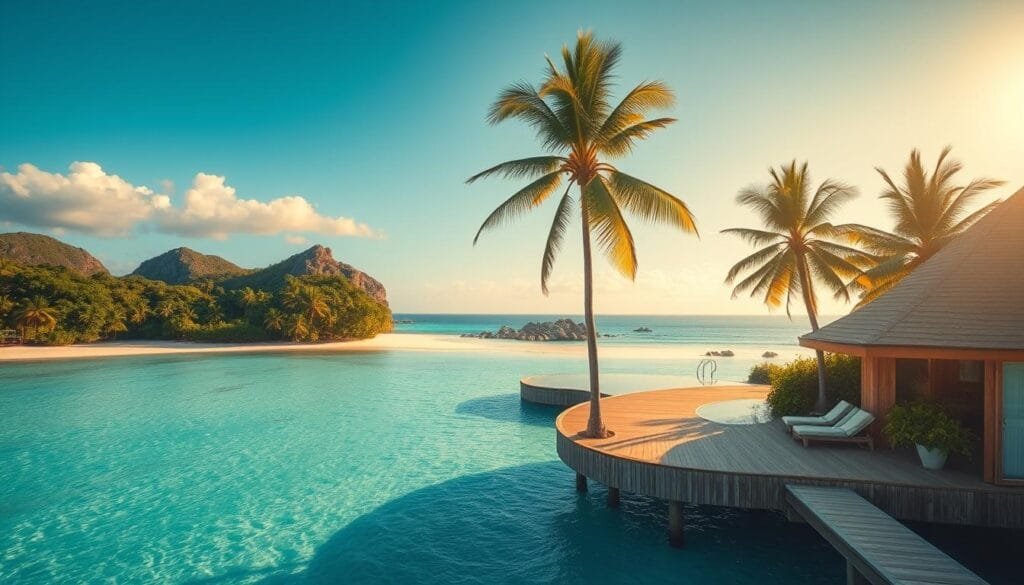 A stunning, secluded private island escape, bathed in warm, golden afternoon sunlight. Pristine white sand beaches encircle lush, verdant tropical foliage. In the foreground, a luxurious overwater villa with a sprawling wooden deck, surrounded by turquoise blue waters. Tall palm trees sway gently in the breeze, casting soft shadows across the scene. In the middle ground, a secluded infinity pool reflects the cloudless azure sky. The background features a dramatic, rugged coastline with dramatic rock formations. An atmosphere of absolute tranquility and seclusion pervades the entire image, conveying a sense of ultimate relaxation and escape. A stunning, secluded private island escape, bathed in warm, golden afternoon sunlight. Pristine white sand beaches encircle lush, verdant tropical foliage. In the foreground, a luxurious overwater villa with a sprawling wooden deck, surrounded by turquoise blue waters. Tall palm trees sway gently in the breeze, casting soft shadows across the scene. In the middle ground, a secluded infinity pool reflects the cloudless azure sky. The background features a dramatic, rugged coastline with dramatic rock formations. An atmosphere of absolute tranquility and seclusion pervades the entire image, conveying a sense of ultimate relaxation and escape.