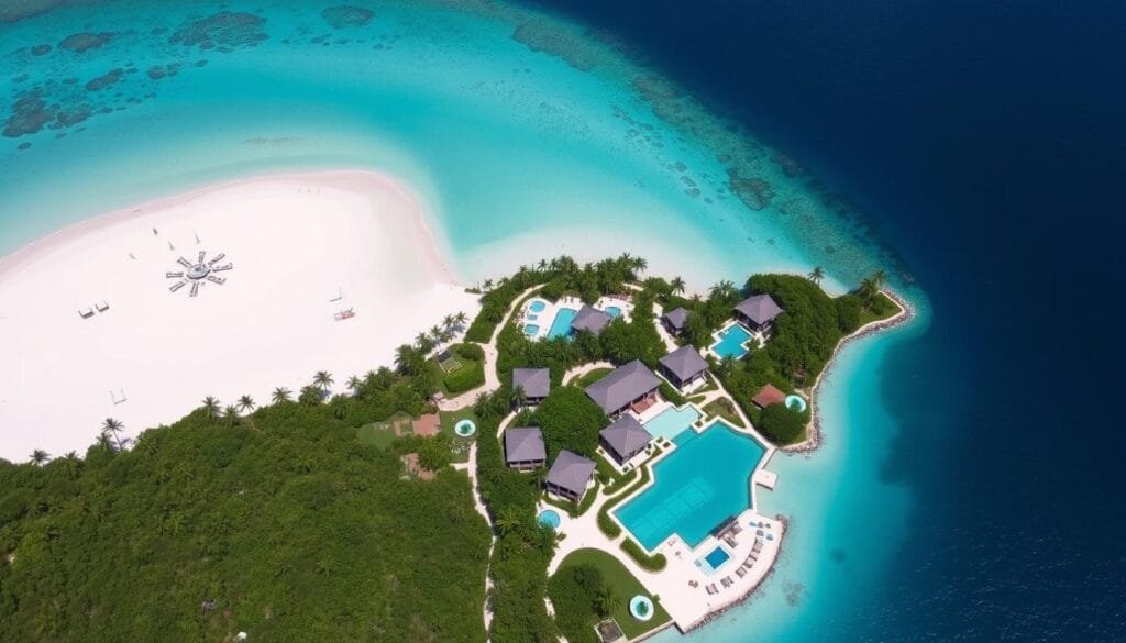 Aerial view of Jumby Bay Island resort in Antigua showing family-friendly luxury facilities