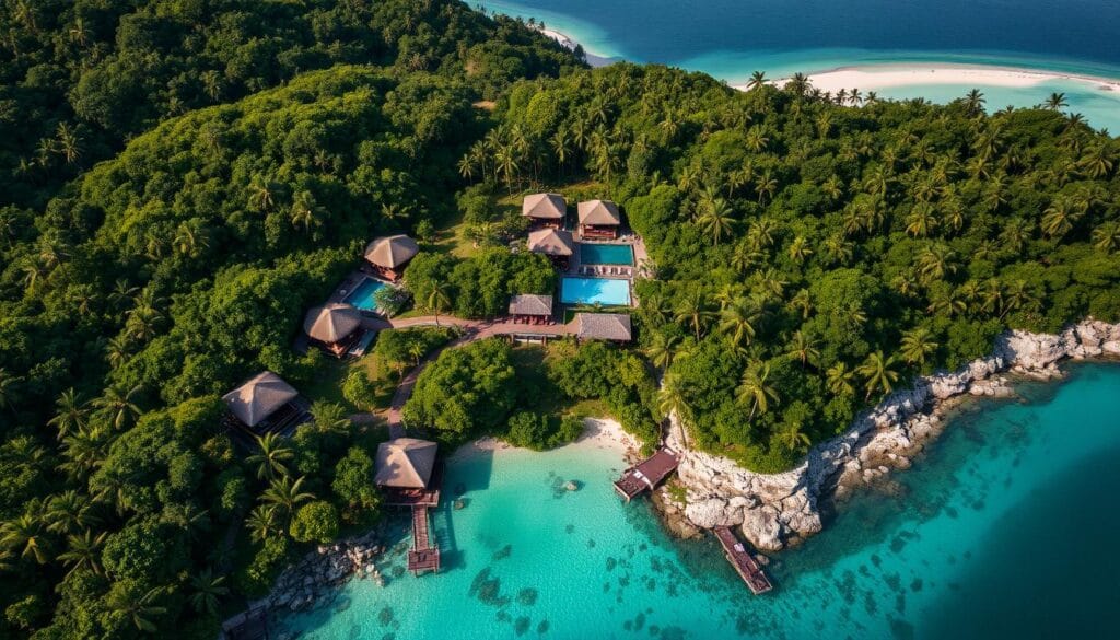 Aerial view of Soneva Kiri resort on Koh Kood island showing private villas and lush jungle Aerial view of Soneva Kiri resort on Koh Kood island showing private villas and lush jungle