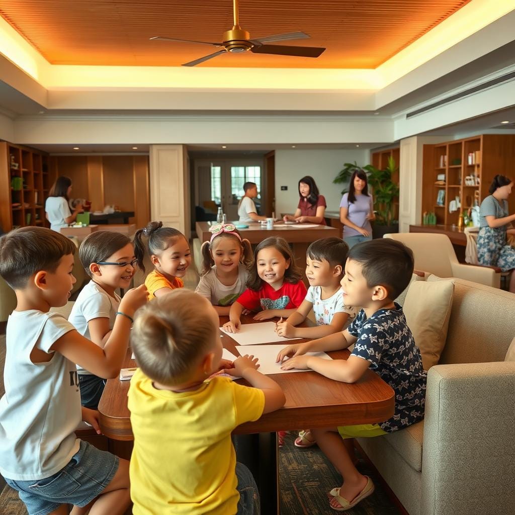 Children enjoying luxury resort kids club with attentive staff and engaging activities Children enjoying luxury resort kids club with attentive staff and engaging activities