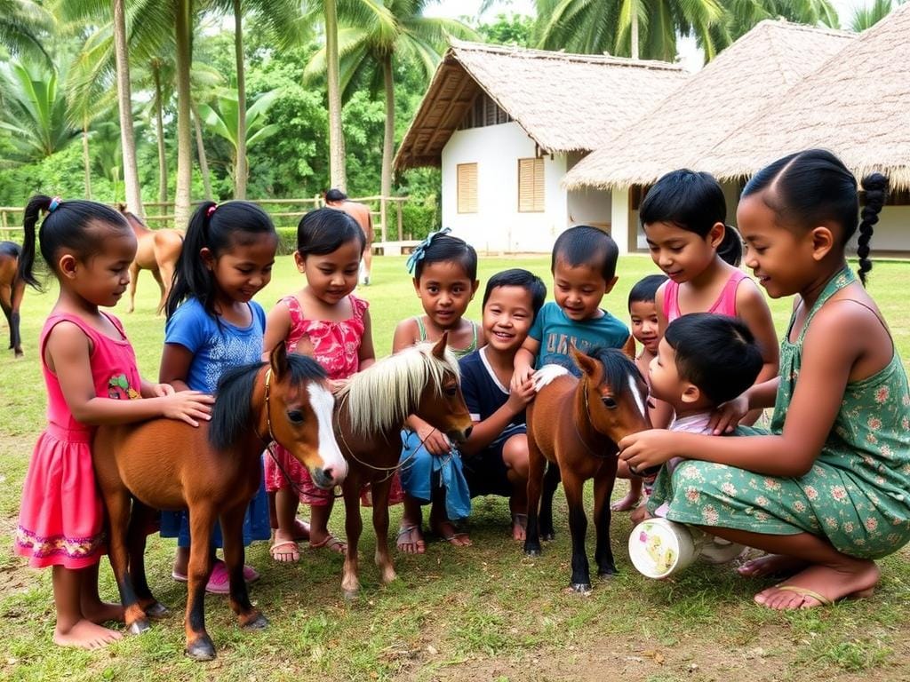 Children participating in Nihi Sumba's Mini Menagerie program with miniature horses Children participating in Nihi Sumba's Mini Menagerie program with miniature horses