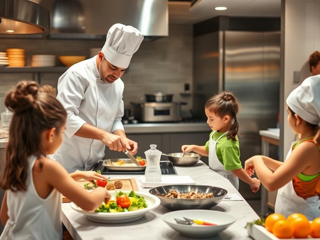 Children participating in an educational cooking class at a family-friendly luxury resort