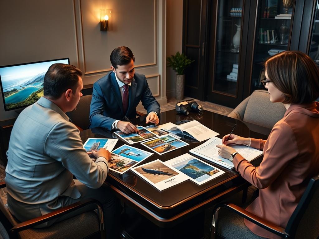 Couple consulting with luxury travel advisor about vacation options Couple consulting with luxury travel advisor about vacation options
