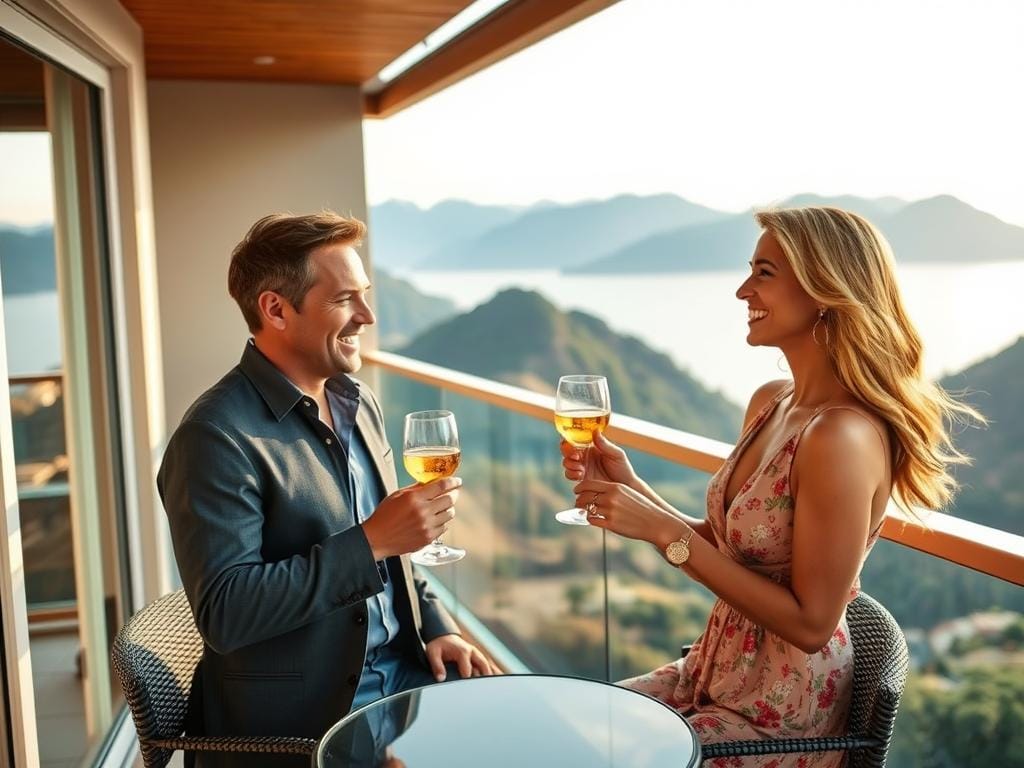Couple enjoying cocktails on a private balcony overlooking a luxury travel destination at affordable price Couple enjoying cocktails on a private balcony overlooking a luxury travel destination at affordable price