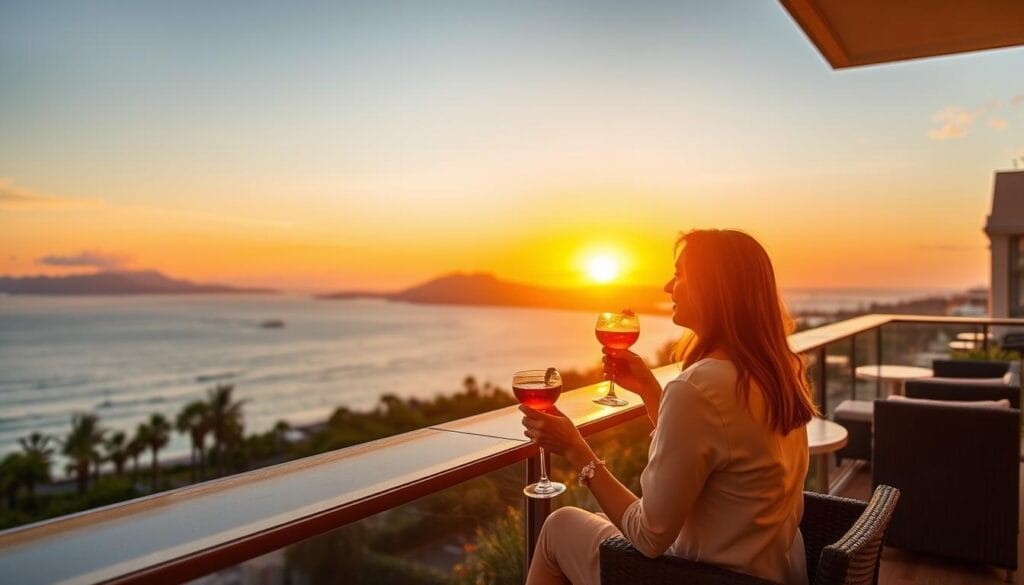 Couple enjoying sunset cocktails at a luxury resort balcony, representing the affordable luxury travel experience Couple enjoying sunset cocktails at a luxury resort balcony, representing the affordable luxury travel experience
