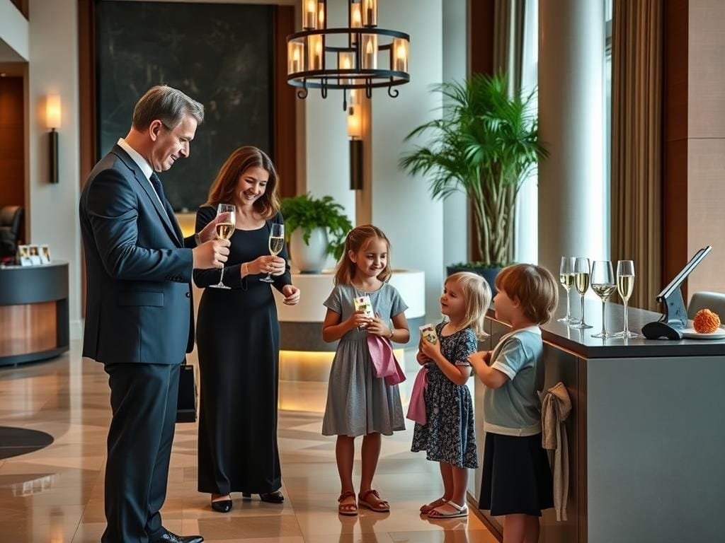 Family checking in at a luxury resort with child-friendly welcome amenities