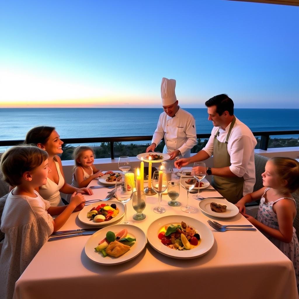 Family enjoying private dining experience with personal chef at luxury resort Family enjoying private dining experience with personal chef at luxury resort