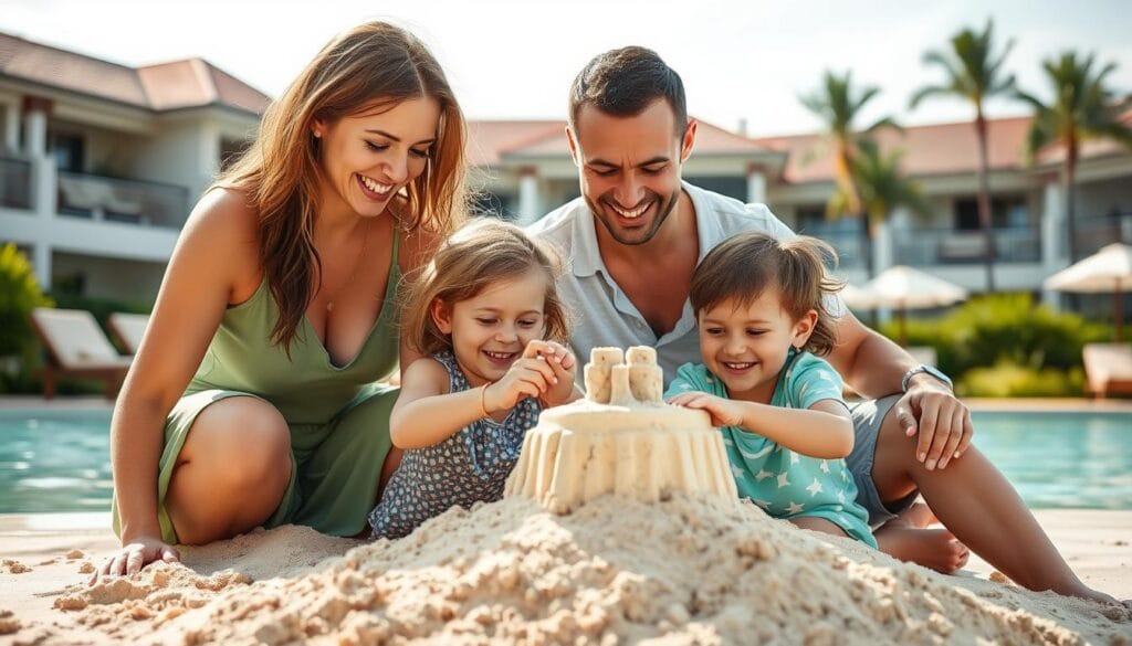 Family enjoying resort activities together looking refreshed and connected - Guilt-Free Pampering 5-Star Resorts Family enjoying resort activities together looking refreshed and connected - Guilt-Free Pampering 5-Star Resorts
