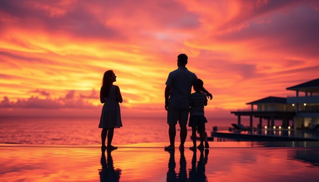 Family enjoying sunset at a luxury hidden gem resort with infinity pool overlooking ocean Family enjoying sunset at a luxury hidden gem resort with infinity pool overlooking ocean