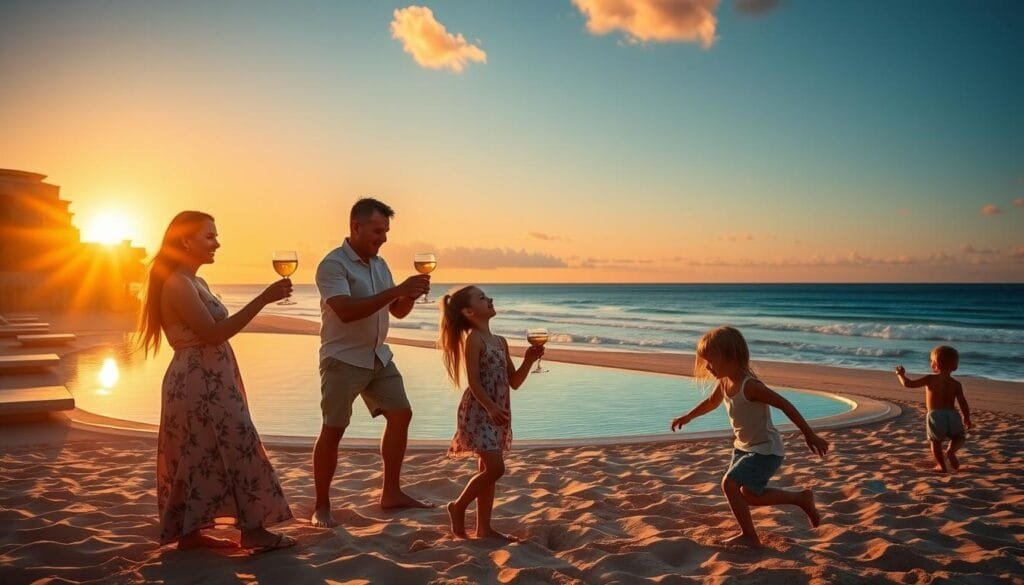 Family enjoying sunset at a luxury resort, parents with cocktails and children playing nearby