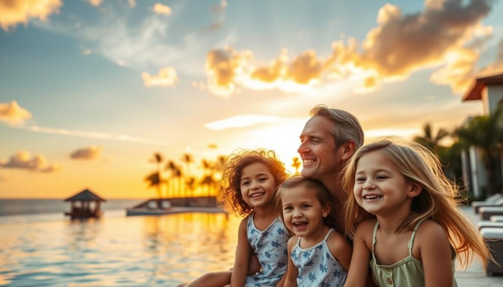 Family enjoying sunset at luxury resort looking refreshed and connected - Guilt-Free Pampering 5-Star Resorts Family enjoying sunset at luxury resort looking refreshed and connected - Guilt-Free Pampering 5-Star Resorts