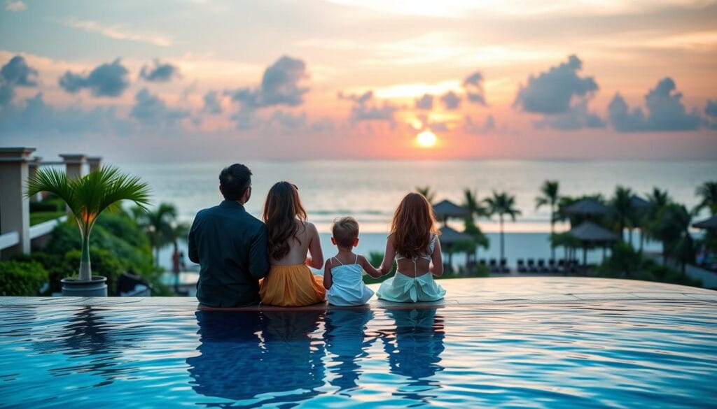 Family enjoying sunset at luxury resort with parents and children in elegant setting Family enjoying sunset at luxury resort with parents and children in elegant setting