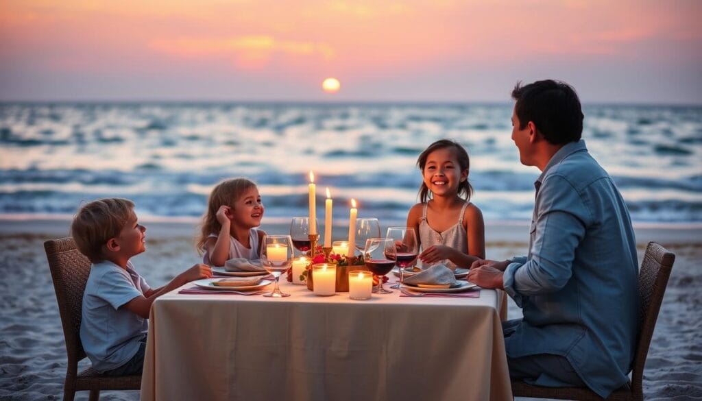 Family enjoying sunset beach dinner at luxury resort after day of separate activities - Guilt-Free Pampering 5-Star Resorts Family enjoying sunset beach dinner at luxury resort after day of separate activities - Guilt-Free Pampering 5-Star Resorts