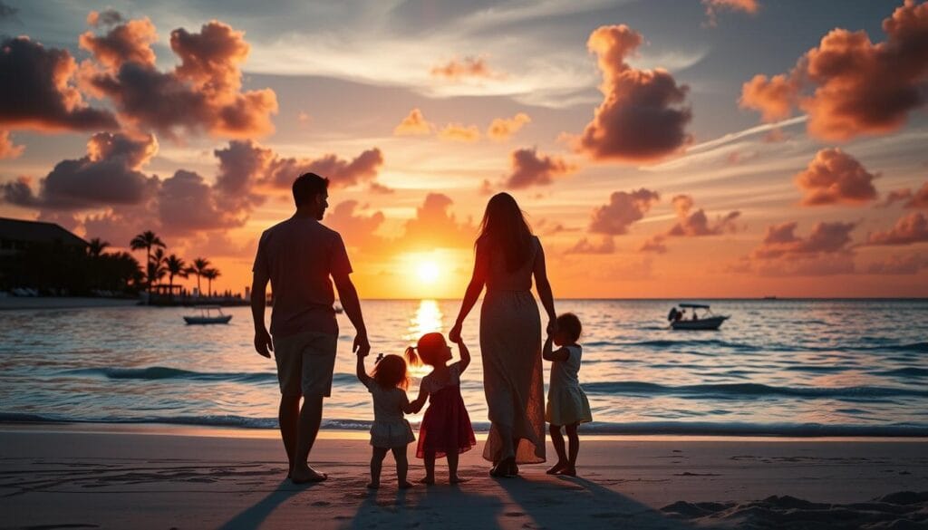 Family enjoying sunset on a luxury resort beach, looking relaxed and happy Family enjoying sunset on a luxury resort beach, looking relaxed and happy