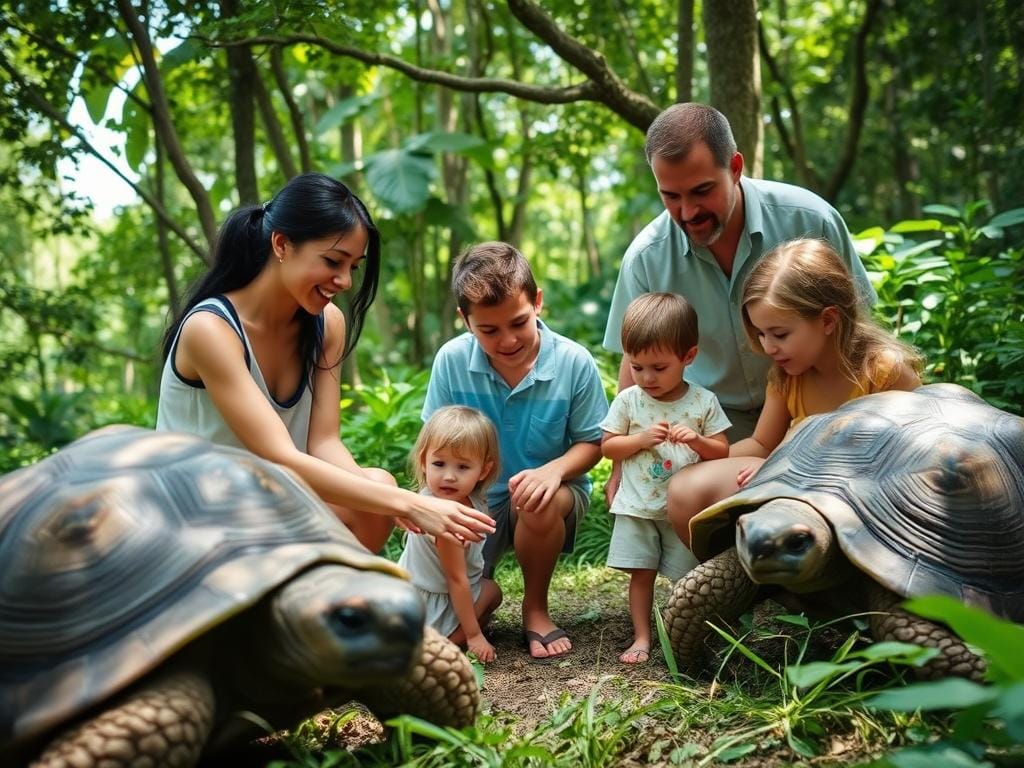 Family participating in Fregate Island's conservation activities with giant tortoises Family participating in Fregate Island's conservation activities with giant tortoises