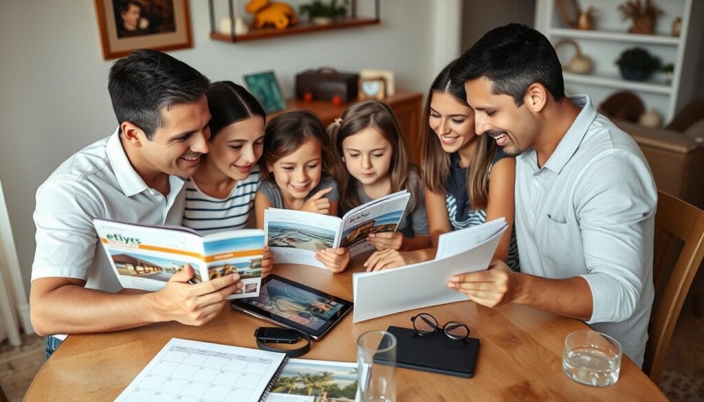 Family planning their luxury vacation together with travel brochures and a tablet Family planning their luxury vacation together with travel brochures and a tablet