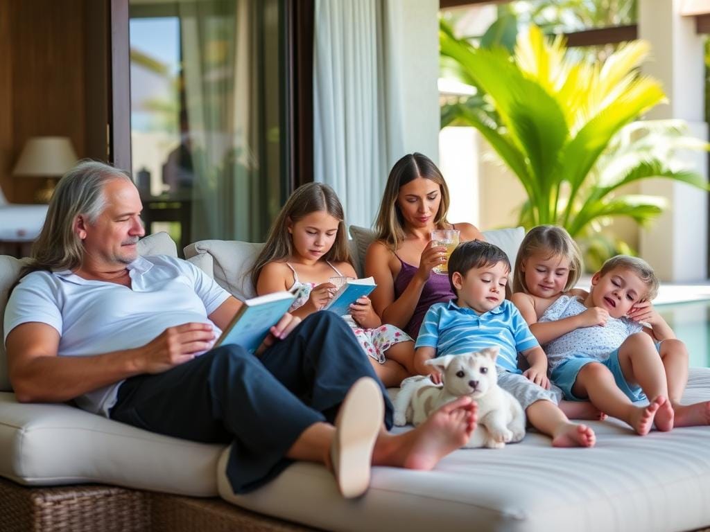 Family relaxing by a private pool during afternoon downtime Family relaxing by a private pool during afternoon downtime