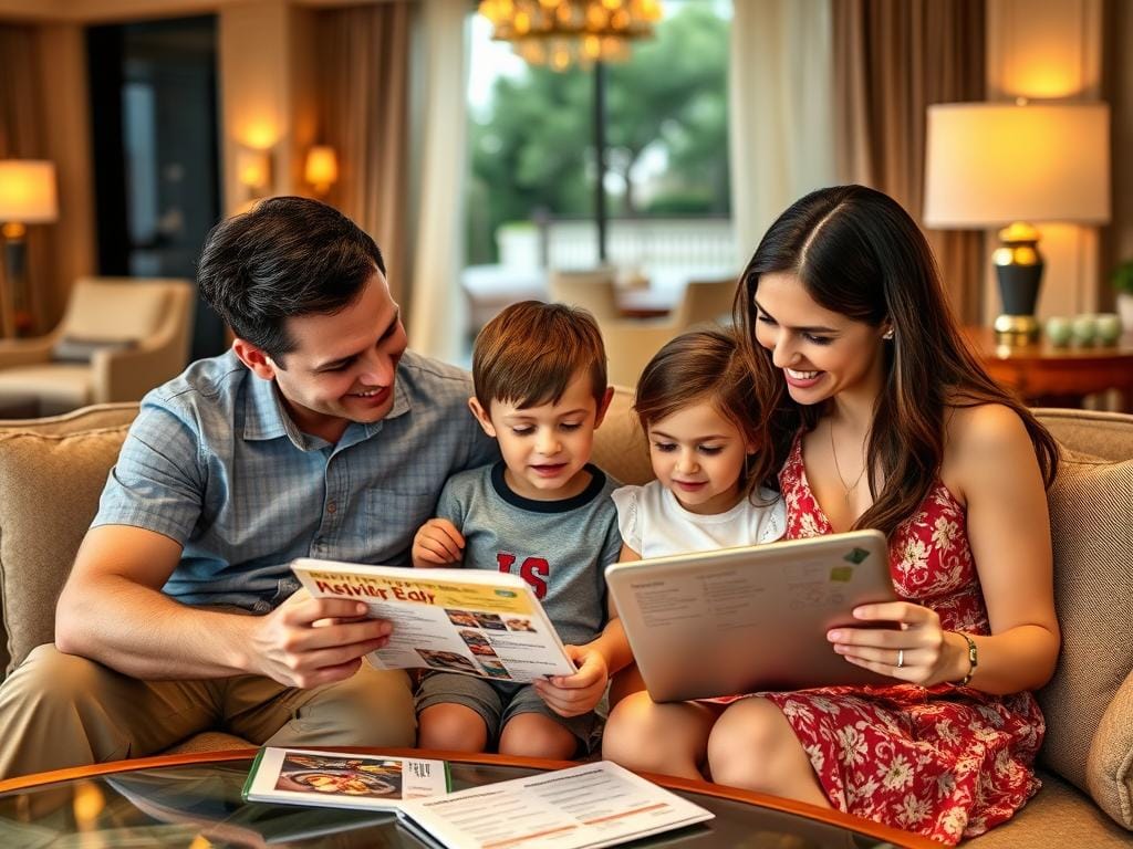 Family reviewing resort activities schedule together - Guilt-Free Pampering 5-Star Resorts Family reviewing resort activities schedule together - Guilt-Free Pampering 5-Star Resorts
