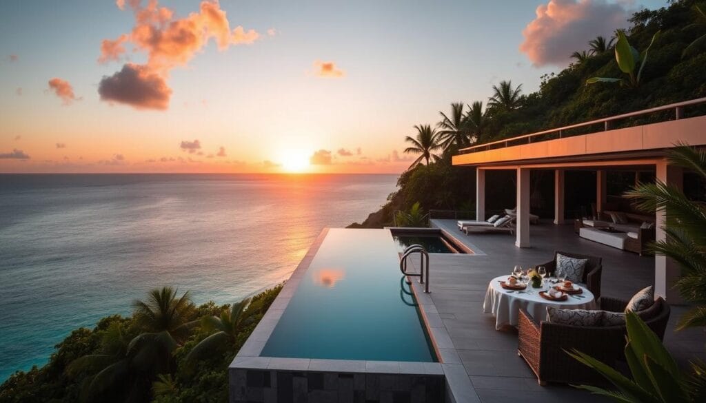Fregate Island Private in Seychelles showing luxury villas with infinity pools overlooking the Indian Ocean Fregate Island Private in Seychelles showing luxury villas with infinity pools overlooking the Indian Ocean