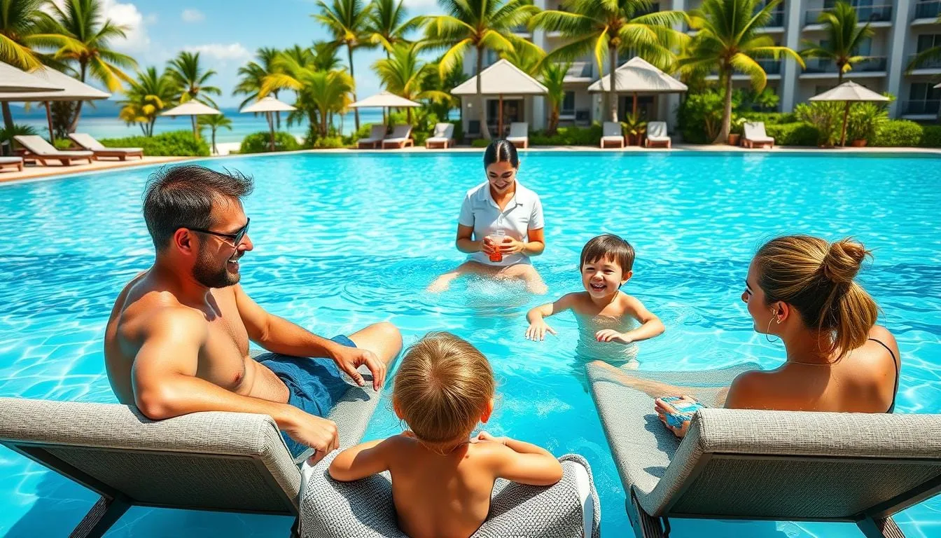 Happy family enjoying a luxury resort pool with attentive staff serving refreshments