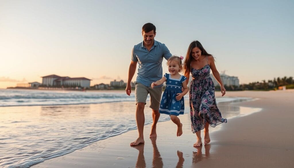 Happy family enjoying sunset at a luxury family-friendly 5-star resort beach Happy family enjoying sunset at a luxury family-friendly 5-star resort beach