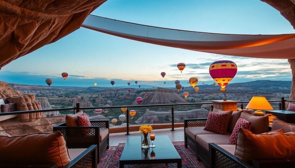 Luxury cave hotel in Cappadocia, Turkey with hot air balloons - luxury travel destinations on a budget