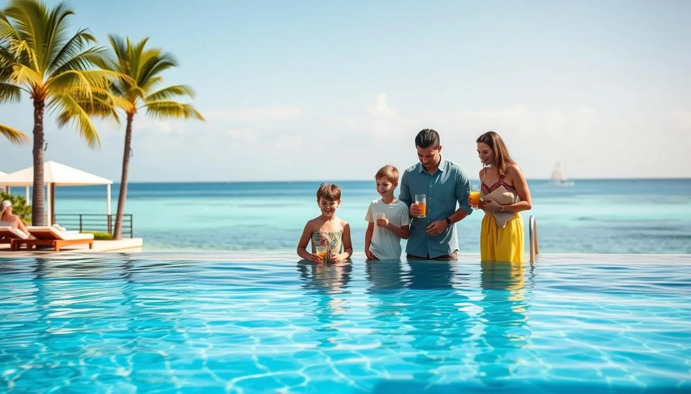 Luxury family resort with parents and children enjoying poolside service