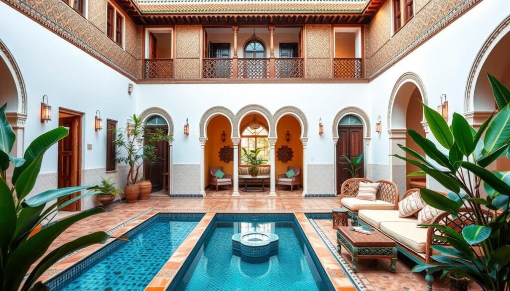 Luxury riad in Marrakech, Morocco with traditional architecture - luxury travel destinations on a budget