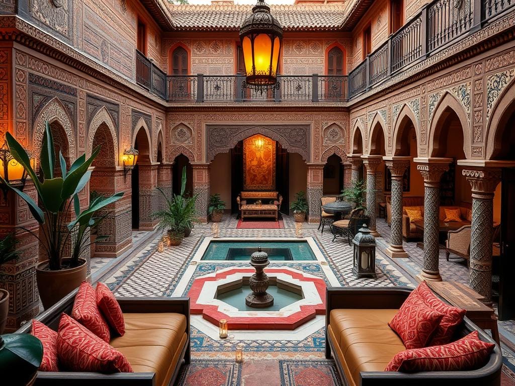 Luxury riad in Marrakech with traditional Moroccan design, highlighting luxury travel destinations affordable price in North Africa Luxury riad in Marrakech with traditional Moroccan design, highlighting luxury travel destinations affordable price in North Africa