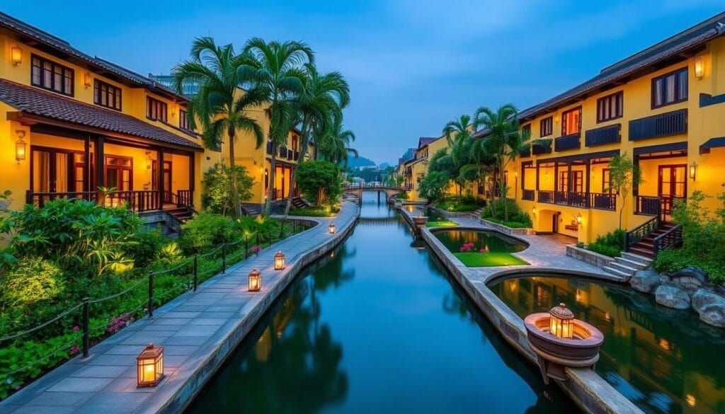 Luxury riverside resort in Hoi An with traditional Vietnamese elements, showcasing luxury travel destinations affordable price in Asia Luxury riverside resort in Hoi An with traditional Vietnamese elements, showcasing luxury travel destinations affordable price in Asia