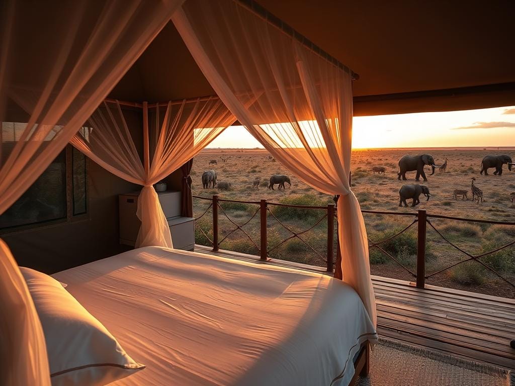 Luxury safari tent overlooking African savanna at sunset with wildlife Luxury safari tent overlooking African savanna at sunset with wildlife