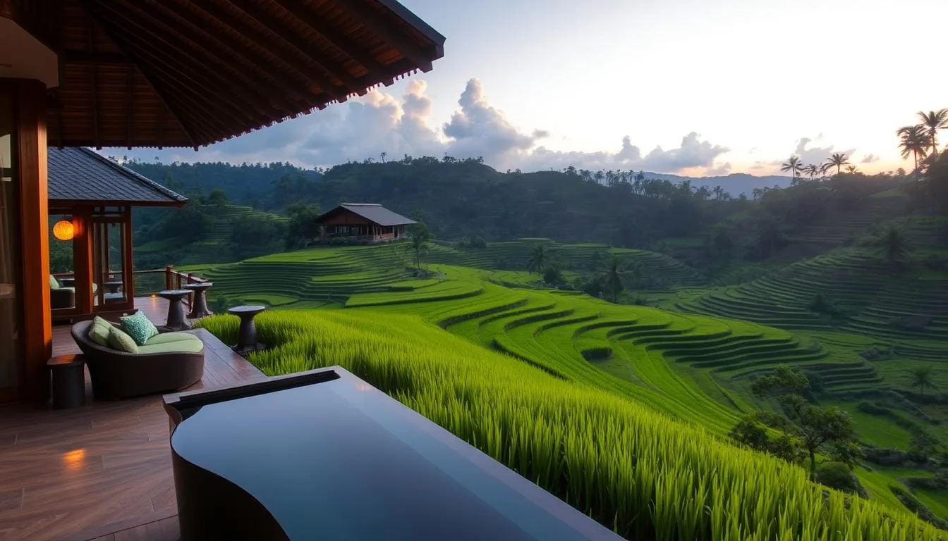 Luxury villa with private pool overlooking rice terraces in Bali, Indonesia - luxury travel destinations on a budget
