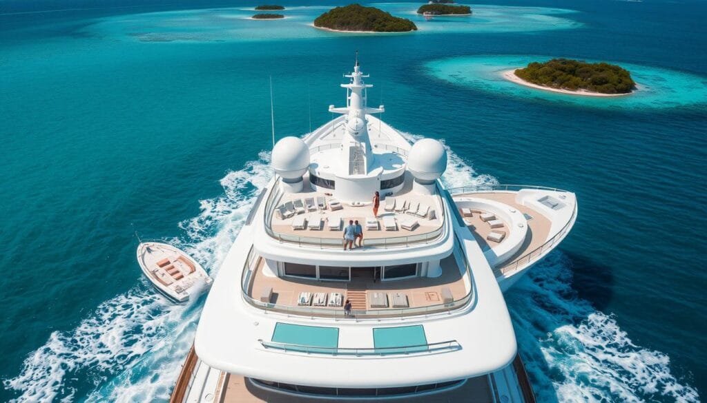 Luxury yacht charter sailing through crystal clear waters near private islands Luxury yacht charter sailing through crystal clear waters near private islands