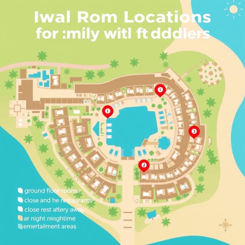 Map of a family-friendly 5-star resort showing ideal room locations for families with toddlers Map of a family-friendly 5-star resort showing ideal room locations for families with toddlers