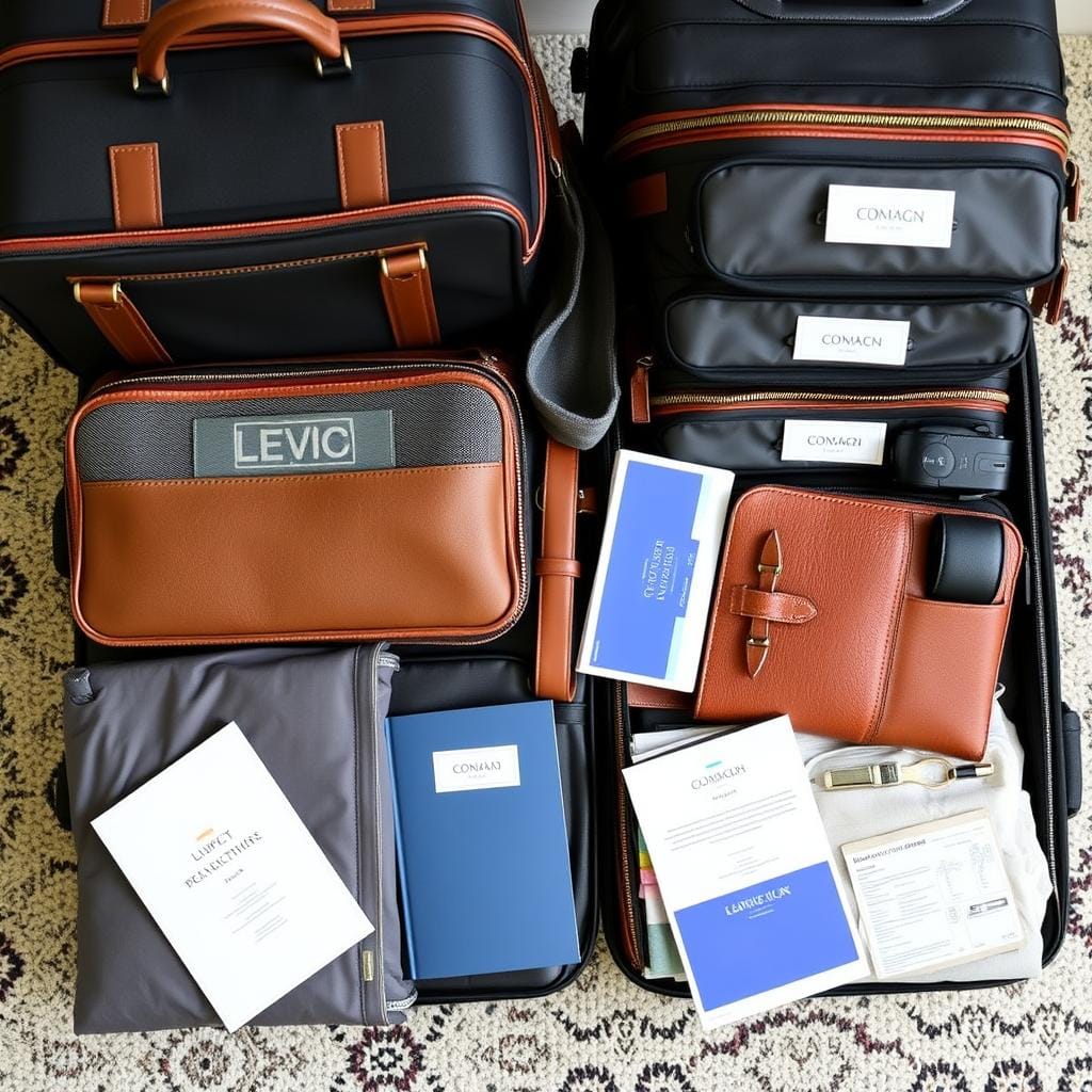 Organized luxury family travel packing with labeled containers and travel essentials Organized luxury family travel packing with labeled containers and travel essentials