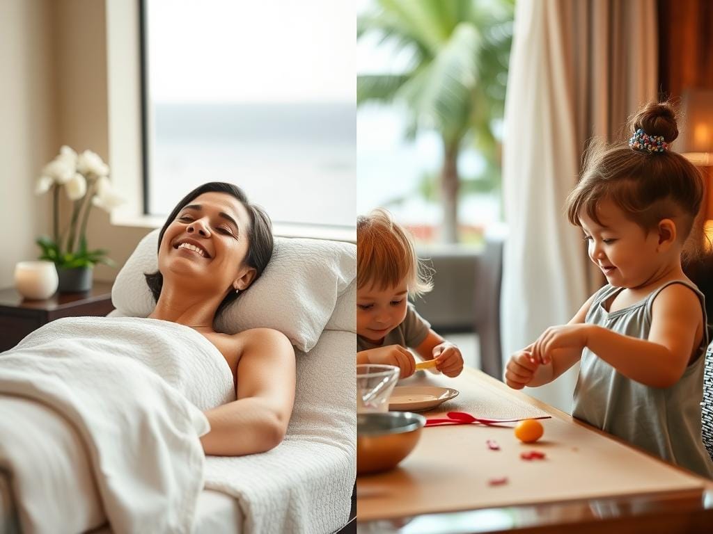 Parent enjoying spa treatment while child participates in resort activity - Guilt-Free Pampering 5-Star Resorts Parent enjoying spa treatment while child participates in resort activity - Guilt-Free Pampering 5-Star Resorts
