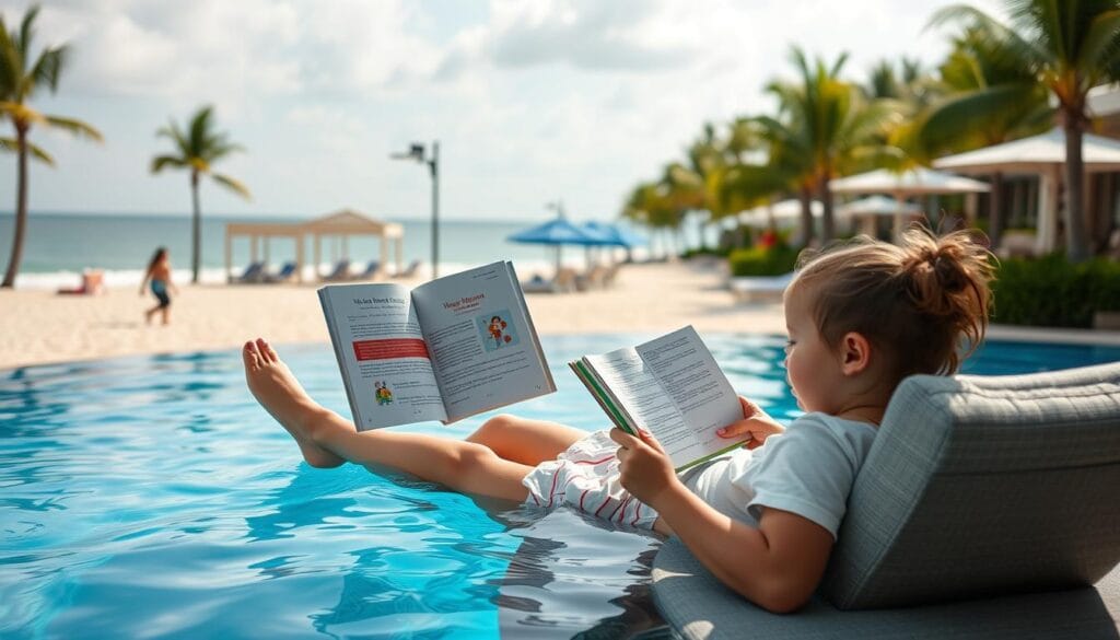 Parent relaxing at a luxury resort while toddler plays safely in a supervised kids' area Parent relaxing at a luxury resort while toddler plays safely in a supervised kids' area