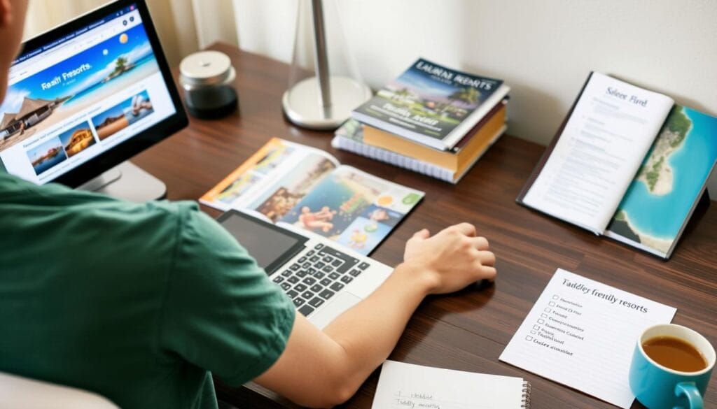 Parent researching family-friendly 5-star resorts for toddlers on a laptop with travel brochures nearby Parent researching family-friendly 5-star resorts for toddlers on a laptop with travel brochures nearby