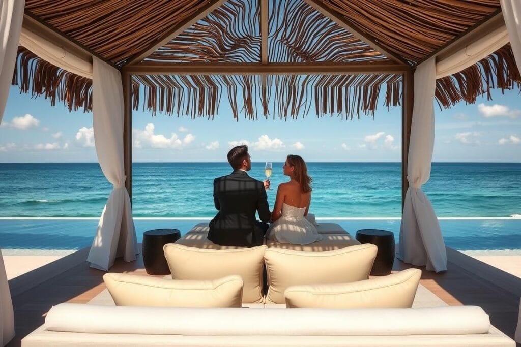 Parents enjoying an adults-only section of a family-friendly luxury resort